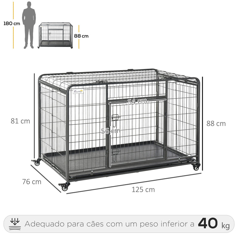 Gaiola dobrável de metal com rodas e freios Bandeja removível e porta com travas125x76x81 cm Cinza escuro