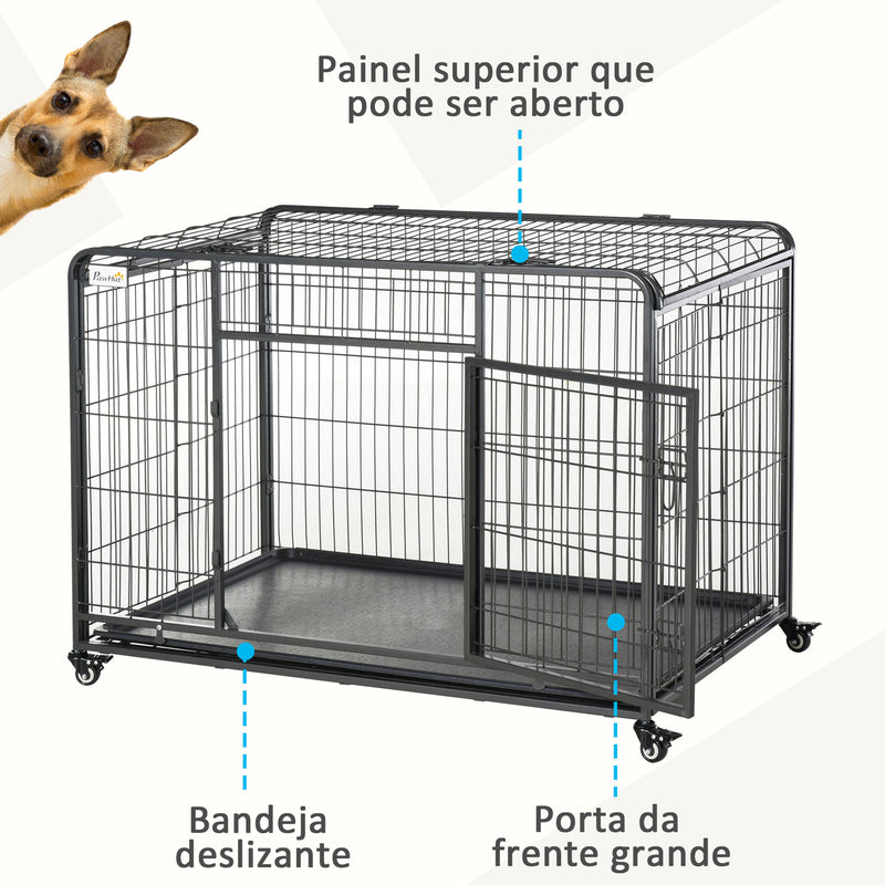 Gaiola dobrável de metal com rodas e freios Bandeja removível e porta com travas125x76x81 cm Cinza escuro