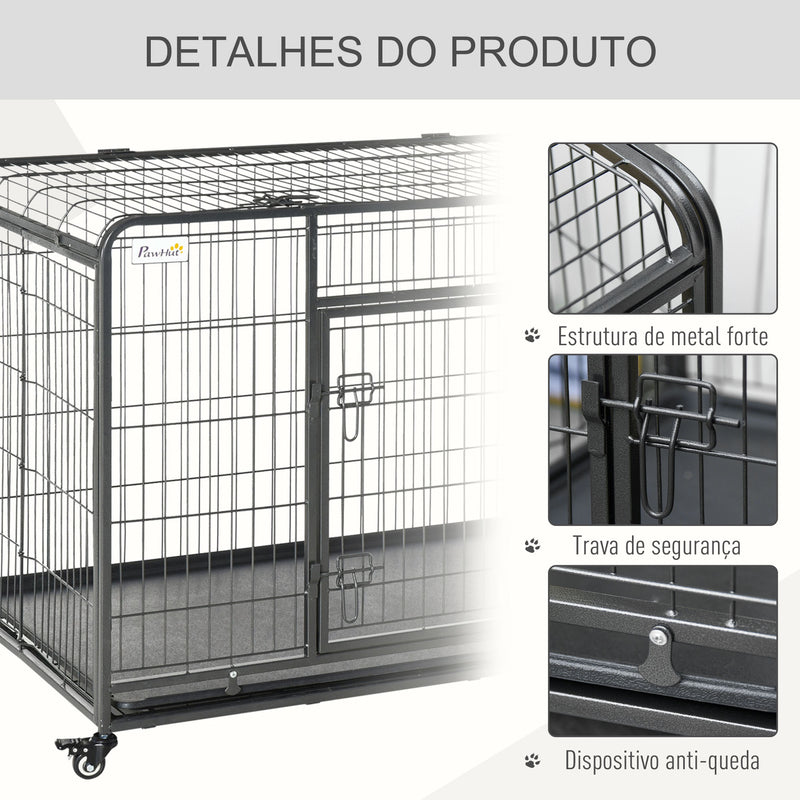 Gaiola dobrável de metal com rodas e freios Bandeja removível e porta com travas125x76x81 cm Cinza escuro