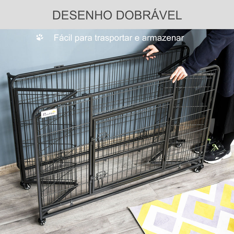 Gaiola dobrável de metal com rodas e freios Bandeja removível e porta com travas125x76x81 cm Cinza escuro