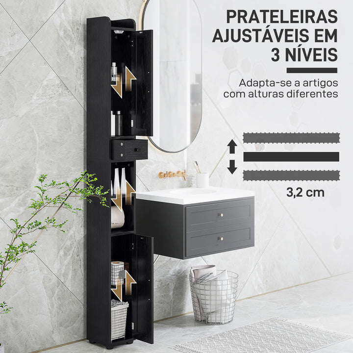 Coluna Casa de Banho Móvel Casa de Banho com 2 Portas gaveta Compartimento Aberto Prateleiras Ajustáveis e Suporte para Papel Higiênico Armário Casa de Banho Rústico 20x20x185 cm Preto