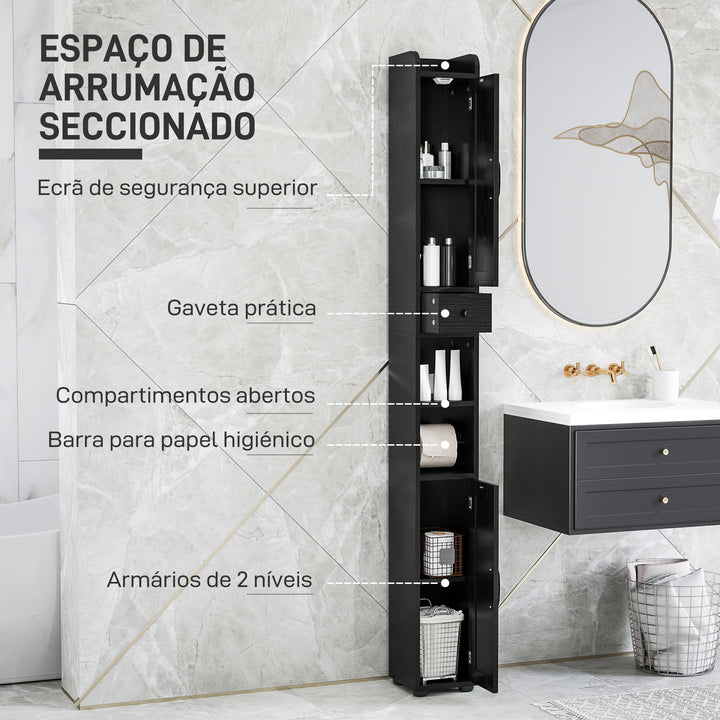 Coluna Casa de Banho Móvel Casa de Banho com 2 Portas gaveta Compartimento Aberto Prateleiras Ajustáveis e Suporte para Papel Higiênico Armário Casa de Banho Rústico 20x20x185 cm Preto