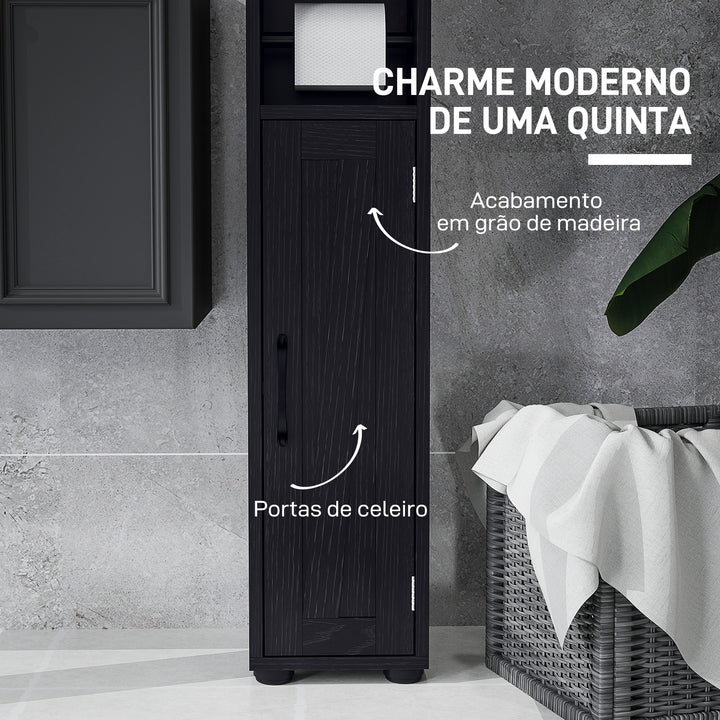 Coluna Casa de Banho Móvel Casa de Banho com 2 Portas gaveta Compartimento Aberto Prateleiras Ajustáveis e Suporte para Papel Higiênico Armário Casa de Banho Rústico 20x20x185 cm Preto
