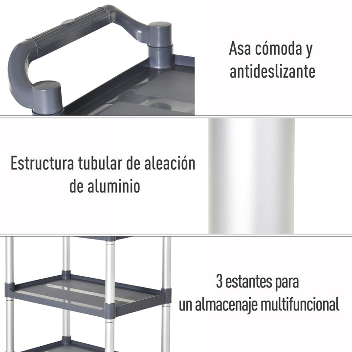 Carrinho de armazenamento de alumínio com 3 níveis de carga total 300 kg com 4 rodas 88x44x93 cm Cinza