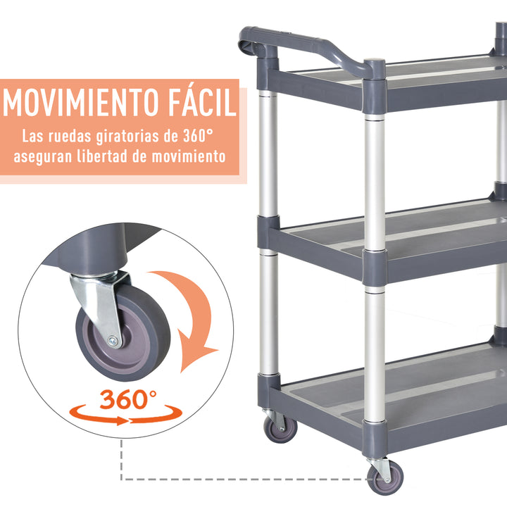 Carrinho de armazenamento de alumínio com 3 níveis de carga total 300 kg com 4 rodas 88x44x93 cm Cinza