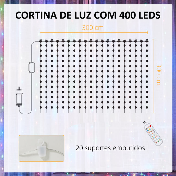 Cortina de Luzes 3x3 m Cortina de Luzes LED Inteligente com 400 Luzes LED RGBIC Sincronização com Música Controlo Remoto e App Efeitos de Cores Personalizáveis para Interior Dormitório