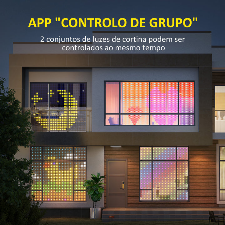 Cortina de Luzes 3x3 m Cortina de Luzes LED Inteligente com 400 Luzes LED RGBIC Sincronização com Música Controlo Remoto e App Efeitos de Cores Personalizáveis para Interior Dormitório