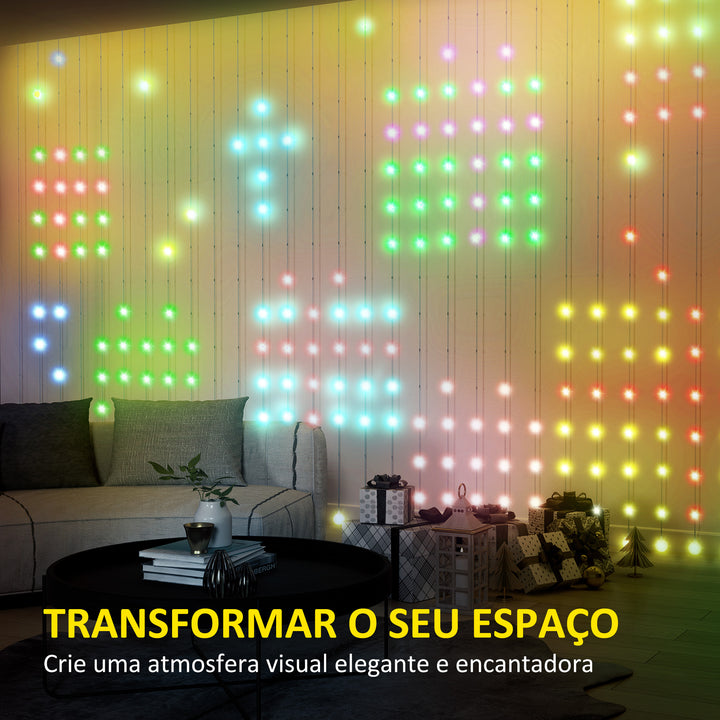 Cortina de Luzes 3x3 m Cortina de Luzes LED Inteligente com 400 Luzes LED RGBIC Sincronização com Música Controlo Remoto e App Efeitos de Cores Personalizáveis para Interior Dormitório