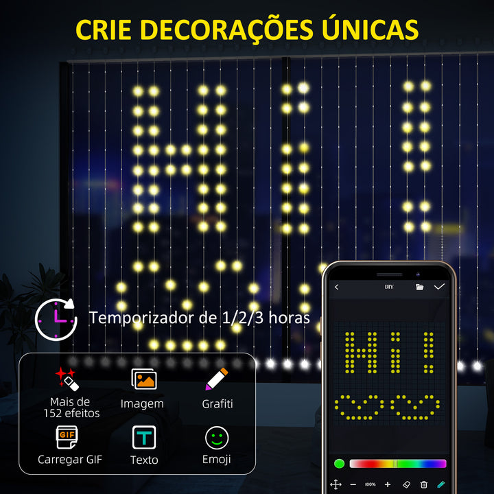 Cortina de Luzes 3x3 m Cortina de Luzes LED Inteligente com 400 Luzes LED RGBIC Sincronização com Música Controlo Remoto e App Efeitos de Cores Personalizáveis para Interior Dormitório