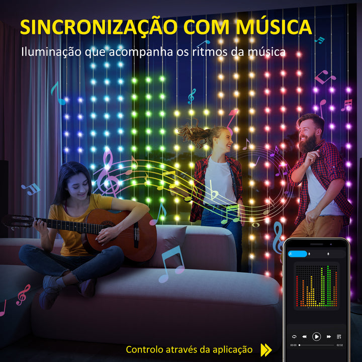Cortina de Luzes 3x3 m Cortina de Luzes LED Inteligente com 400 Luzes LED RGBIC Sincronização com Música Controlo Remoto e App Efeitos de Cores Personalizáveis para Interior Dormitório