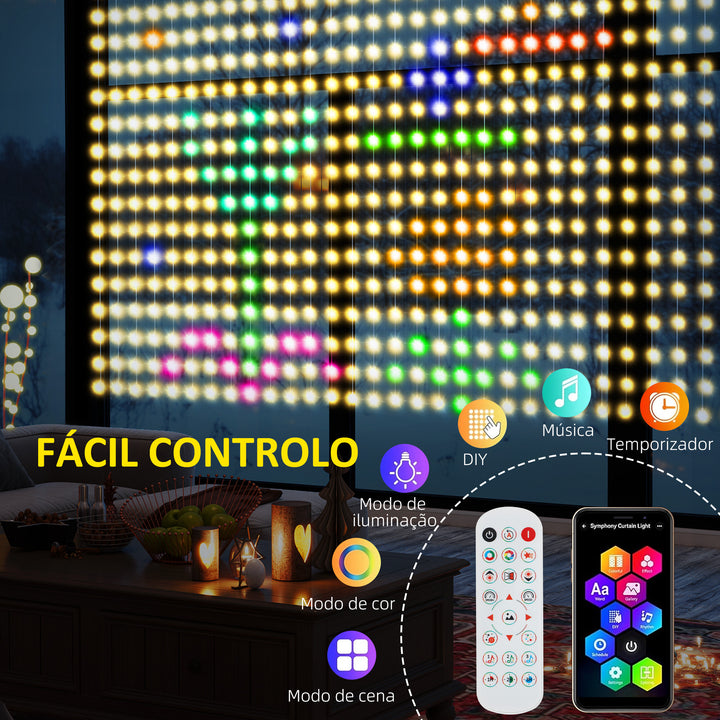 Cortina de Luzes 3x3 m Cortina de Luzes LED Inteligente com 400 Luzes LED RGBIC Sincronização com Música Controlo Remoto e App Efeitos de Cores Personalizáveis para Interior Dormitório
