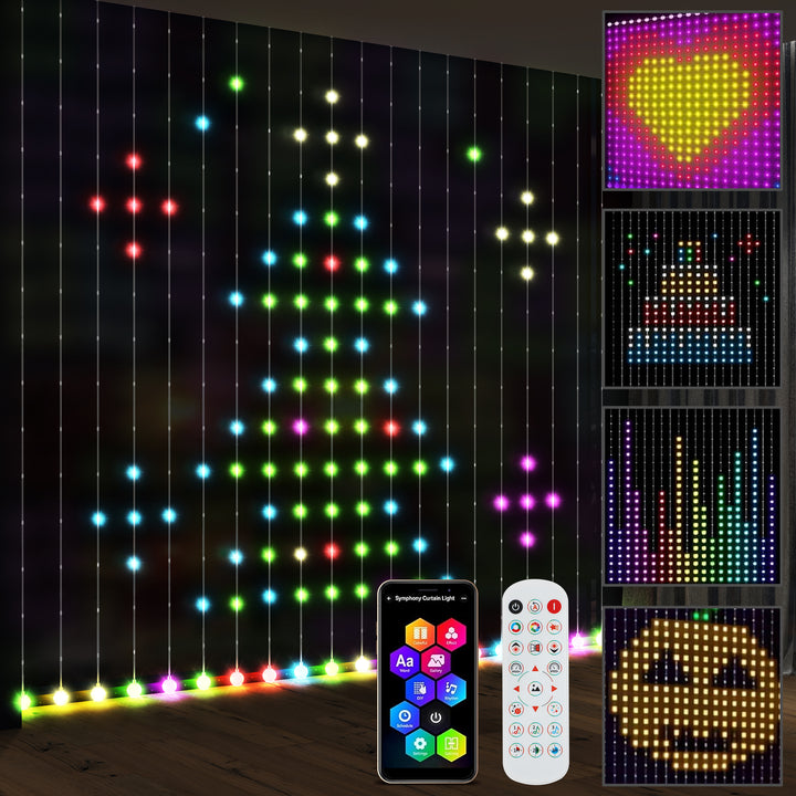 Cortina de Luzes 3x3 m Cortina de Luzes LED Inteligente com 400 Luzes LED RGBIC Sincronização com Música Controlo Remoto e App Efeitos de Cores Personalizáveis para Interior Dormitório