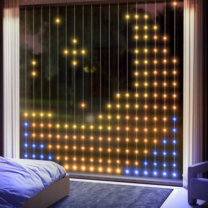Cortina de Luzes 3x3 m Cortina de Luzes LED Inteligente com 400 Luzes LED RGBIC Sincronização com Música Controlo Remoto e App Efeitos de Cores Personalizáveis para Interior Dormitório