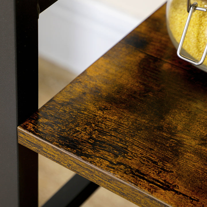 Estante de Cozinha de 4 Níveis Estante de Cozinha com 4 Prateleiras Ganchos e Sistema Anti-Tombo Estante para Micro-Ondas 65x30x102 cm Castanho Rústico e Preto