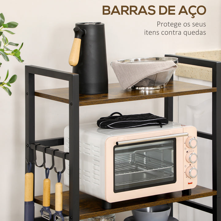 Estante de Cozinha de 4 Níveis Estante de Cozinha com 4 Prateleiras Ganchos e Sistema Anti-Tombo Estante para Micro-Ondas 65x30x102 cm Castanho Rústico e Preto