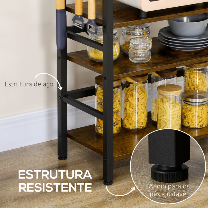 Estante de Cozinha de 4 Níveis Estante de Cozinha com 4 Prateleiras Ganchos e Sistema Anti-Tombo Estante para Micro-Ondas 65x30x102 cm Castanho Rústico e Preto
