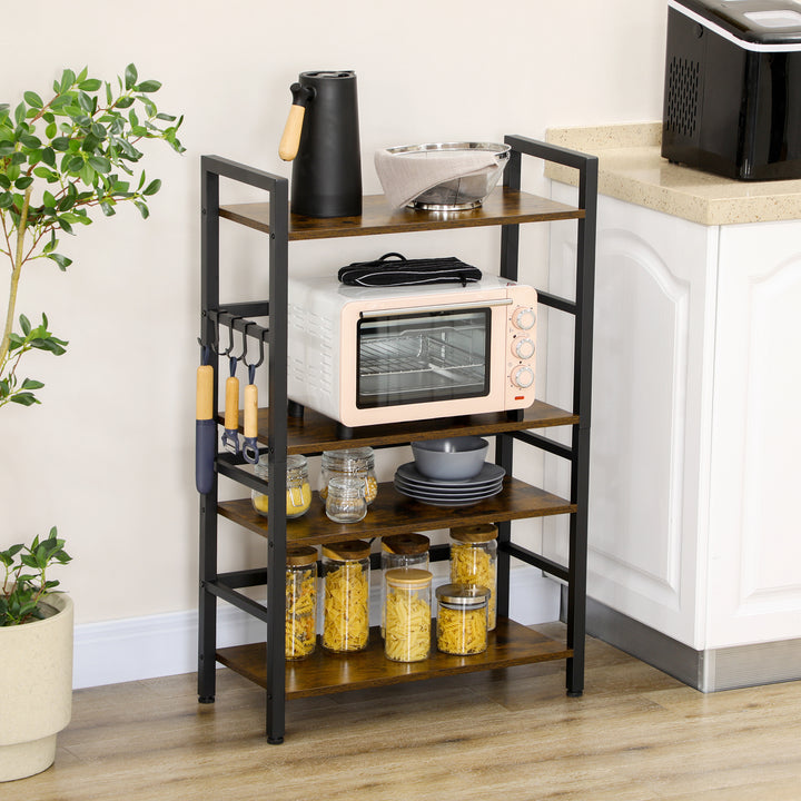 Estante de Cozinha de 4 Níveis Estante de Cozinha com 4 Prateleiras Ganchos e Sistema Anti-Tombo Estante para Micro-Ondas 65x30x102 cm Castanho Rústico e Preto