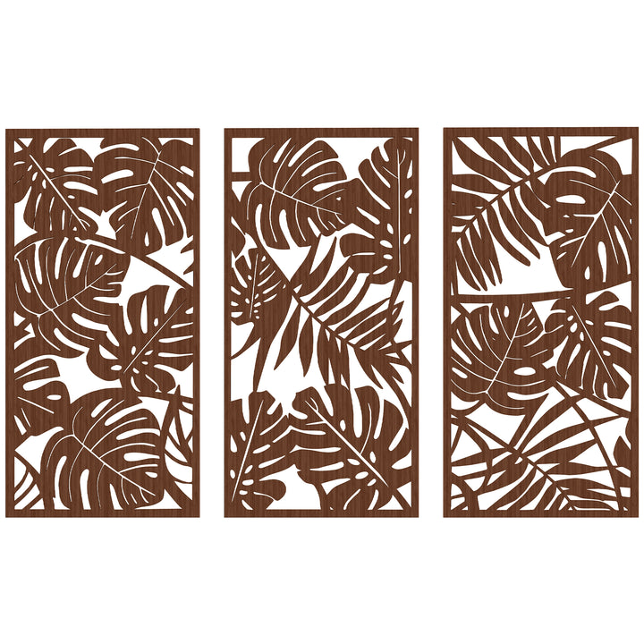 Decoração de Parede em Madeira 3D 3 Peças 40x80 cm Adornos de Parede com Padrão de Folhas Tropicais Arte Moderna para Sala Quarto Corredor Nogueira