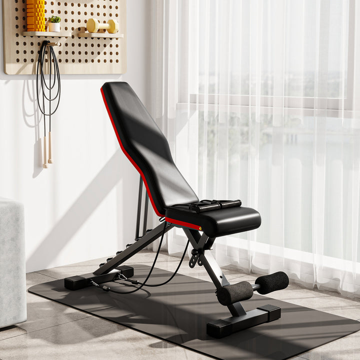 Banco de Musculação Dobrável Banco de Pesas Encosto e Assento Ajustáveis Extensão de Perna e Banda de Resistência para Treino Completo Ginásio em Casa 130x34x48-109 cm Preto