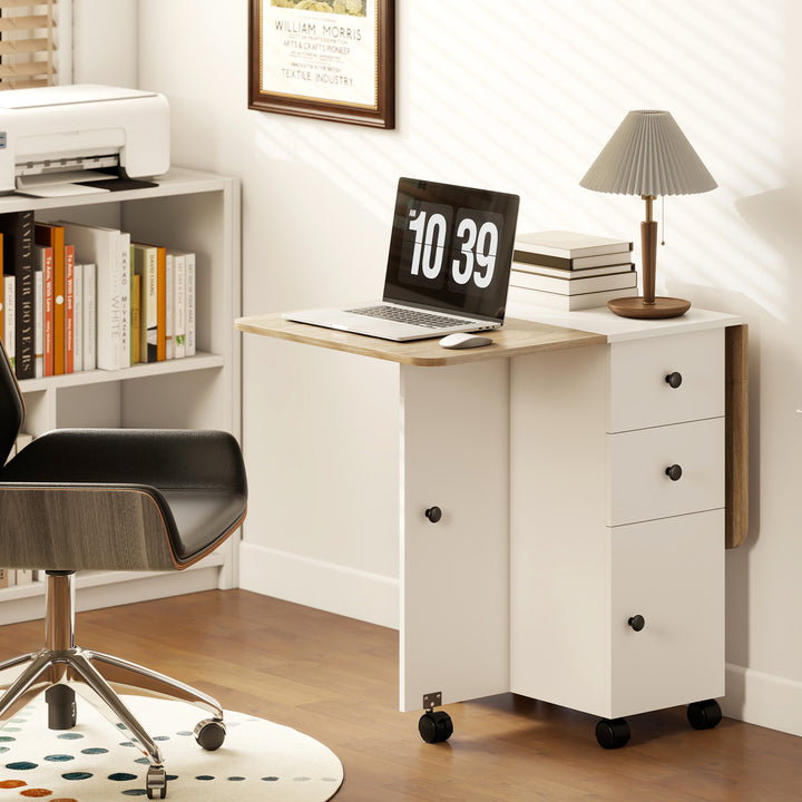 Mesa de Refeição Dobrável com Rodas Mesa Abatível com 2 Gavetas e Armário Mesa Auxiliar Multifuncional para Estúdio Cozinha 120x60x76,5 cm Branco