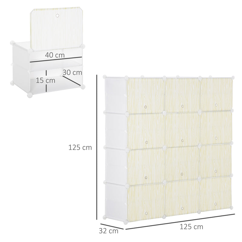 Armário Modular de Plástico Armário Portátil com 12 Cubos Organizadores de Sapatos Roupas Brinquedos para Entrada Corredor Dormitório 125x32x125cm Branco e Natural