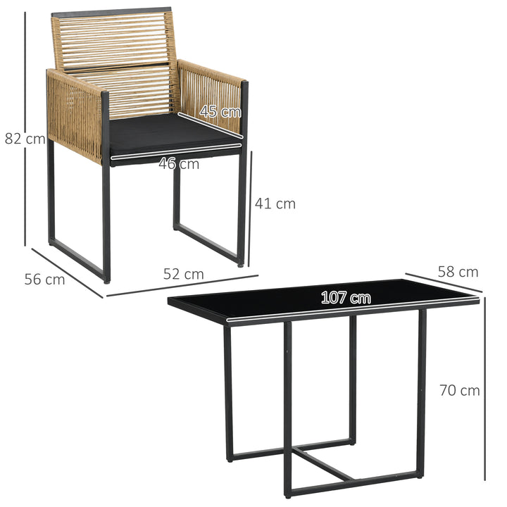 Conjunto de Mesa e Cadeiras de Jardim Conjunto de 3 Peças com 2 Cadeiras com Encosto Dobrável e Almofadas e Mesa de Vidro para Terraço Pátio Natural e Preto