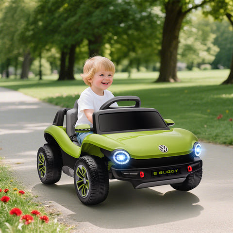 Carro Elétrico para Crianças acima de 3 Anos Volkswagen E-Buggy Bateria 12V com Controlo Remoto 2,4 G Rodas com Suspensão Faróis LED Música USB e Motor Duplo 98x56,5x47 cm Verde