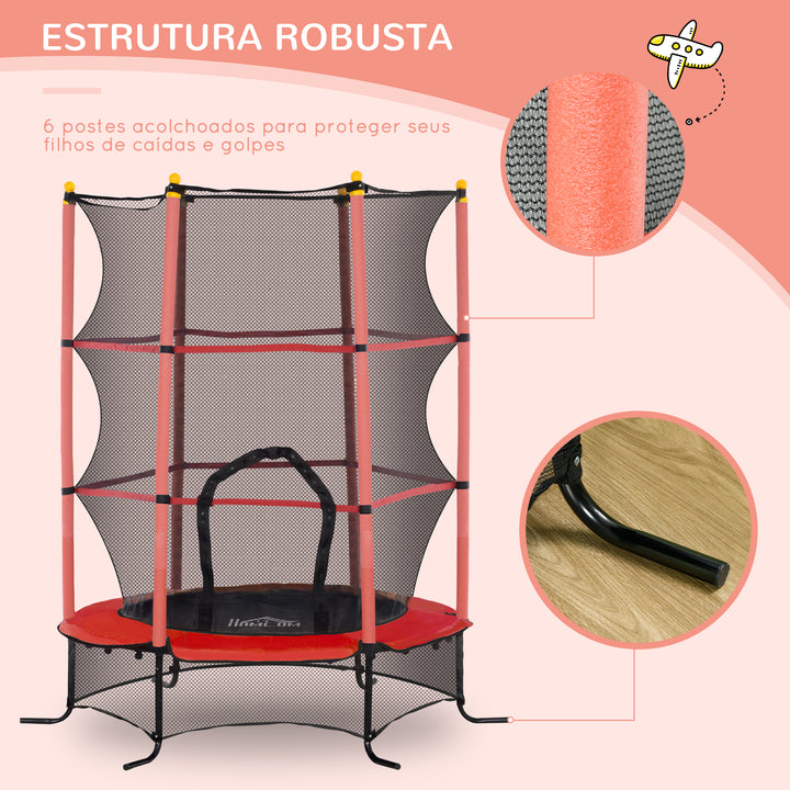 Trampolim para Crianças acima de 3 Anos Cama Elástica Infantil com Rede de Segurança e Estrutura de Aço para Interiores e Exteriores Carga 50 kg Ø163x190 cm Vermelho
