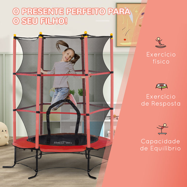 Trampolim para Crianças acima de 3 Anos Cama Elástica Infantil com Rede de Segurança e Estrutura de Aço para Interiores e Exteriores Carga 50 kg Ø163x190 cm Vermelho