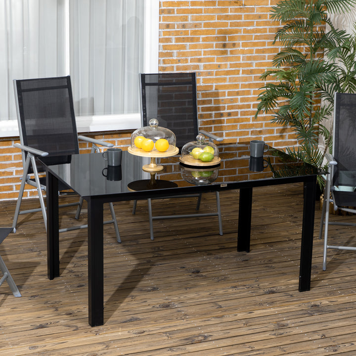 Mesa de Jardim Retangular para 6 Pessoas Mesa de Jantar Exterior com Estrutura de Alumínio e Bancada de Vidro Temperado Carga 50 kg para Terraço Varanda 150x90x74 cm Preto