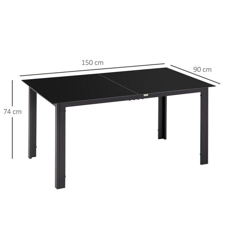 Mesa de Jardim Retangular para 6 Pessoas Mesa de Jantar Exterior com Estrutura de Alumínio e Bancada de Vidro Temperado Carga 50 kg para Terraço Varanda 150x90x74 cm Preto