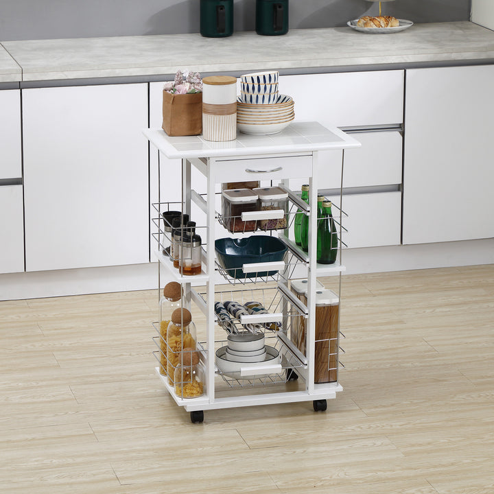 Carrinho de Cozinha com Rodas Carrinho de Cozinha com Bancada Gaveta 4 Cestas de Metal e 4 Suportes para Temperos Laterais para Cozinha 57x37x83cm Branco