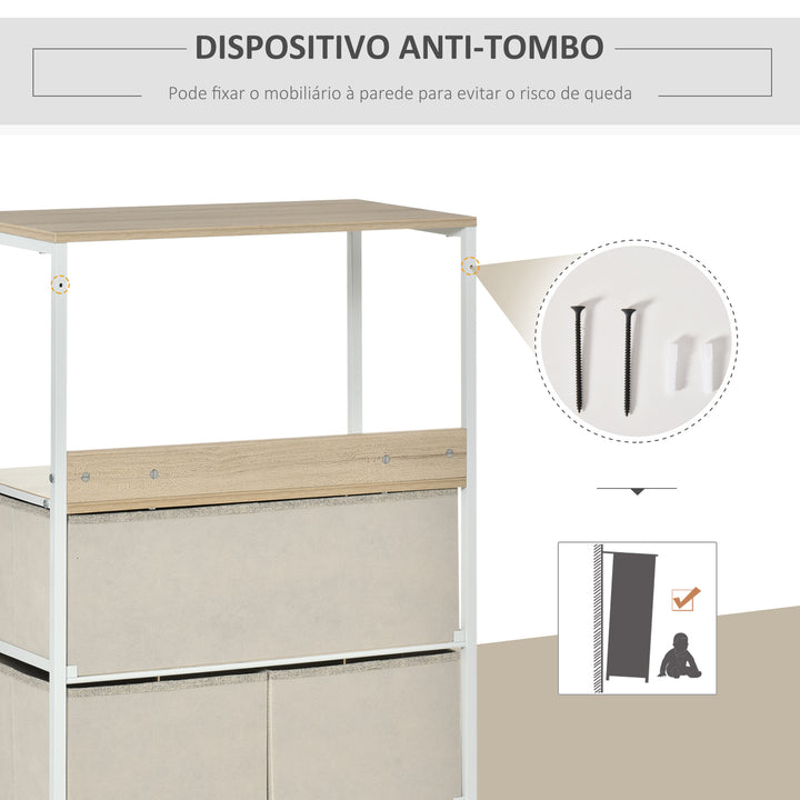 Cómoda com 4 Gavetas Dobráveis e Prateleira Aberta Cómoda com Gavetas de Tecido para Escritório Dormitórios Estilo Industrial Anti-Tombo 58x29x103cm Madeira e Cinza Claro
