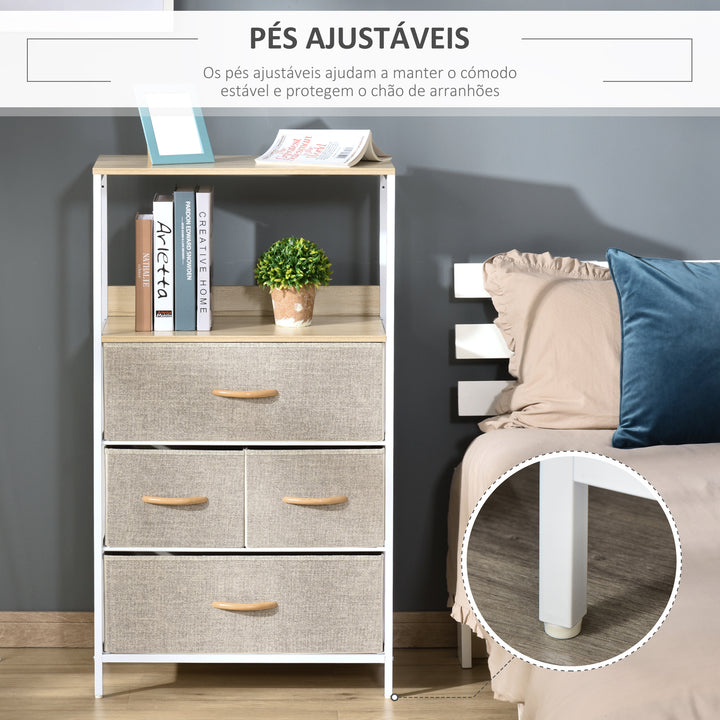 Cómoda com 4 Gavetas Dobráveis e Prateleira Aberta Cómoda com Gavetas de Tecido para Escritório Dormitórios Estilo Industrial Anti-Tombo 58x29x103cm Madeira e Cinza Claro