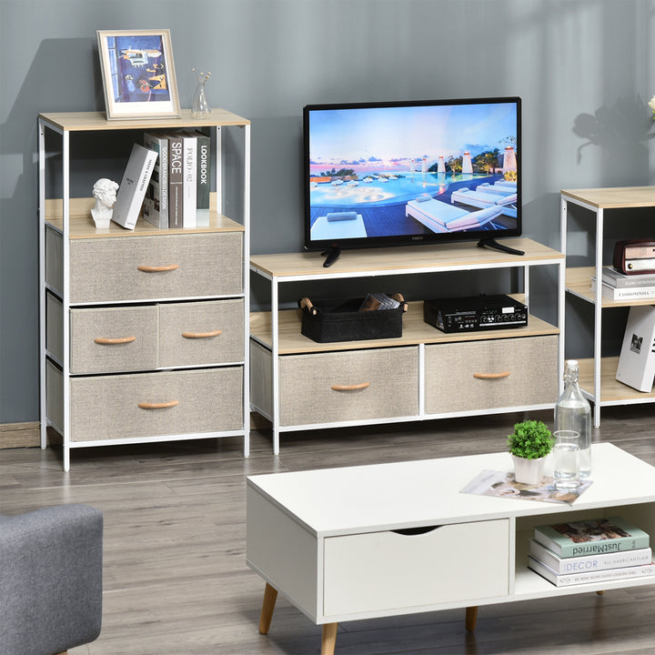 Cómoda com 4 Gavetas Dobráveis e Prateleira Aberta Cómoda com Gavetas de Tecido para Escritório Dormitórios Estilo Industrial Anti-Tombo 58x29x103cm Madeira e Cinza Claro