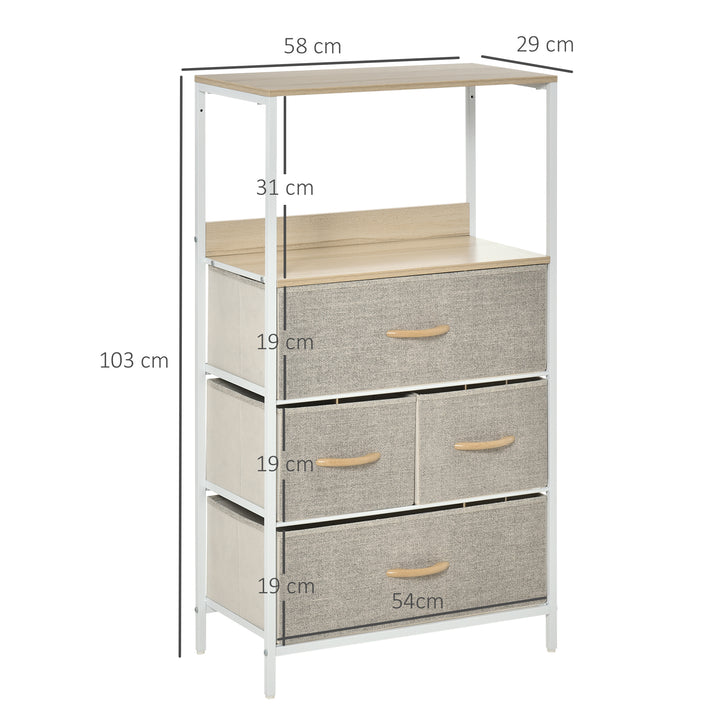 Cómoda com 4 Gavetas Dobráveis e Prateleira Aberta Cómoda com Gavetas de Tecido para Escritório Dormitórios Estilo Industrial Anti-Tombo 58x29x103cm Madeira e Cinza Claro