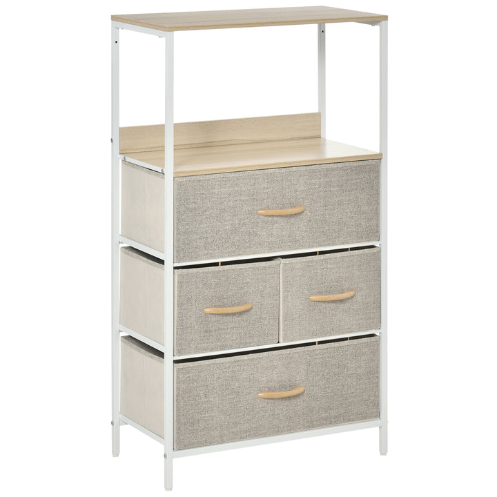 Cómoda com 4 Gavetas Dobráveis e Prateleira Aberta Cómoda com Gavetas de Tecido para Escritório Dormitórios Estilo Industrial Anti-Tombo 58x29x103cm Madeira e Cinza Claro
