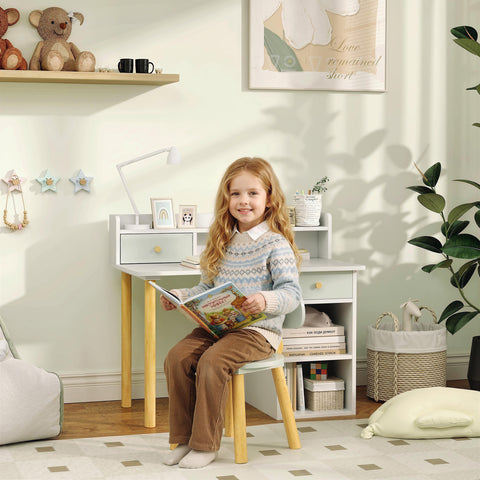 Conjunto de Secretária e Cadeira para Crianças acima de 3 Anos Mesa de Estudo com Prateleiras para Livros e Gaveta de Arrumação Carga 80 kg 85x48x73 cm Verde e Branco