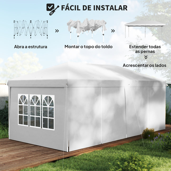 Tenda para Festas 585x295x270 cm com Paredes Laterais Amovíveis Tenda Dobrável com 2 Portas com Fecho de Correr 4 Janelas e Bolsa de Transporte Branco