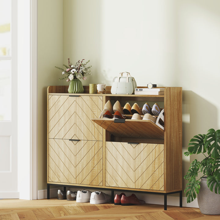 Sapateira Estreita com 4 Portas Rebatíveis Sapateira para Entrada com Prateleiras Ajustáveis para 16 Pares de Sapatos para Corredor Espaços Reduzidos 120x23,5x95,5 cm Madeira