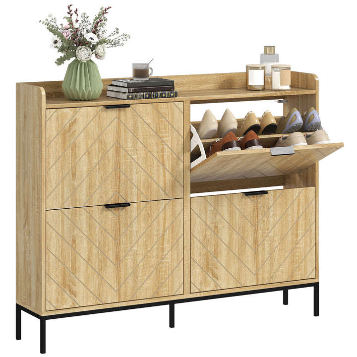 Sapateira Estreita com 4 Portas Rebatíveis Sapateira para Entrada com Prateleiras Ajustáveis para 16 Pares de Sapatos para Corredor Espaços Reduzidos 120x23,5x95,5 cm Madeira