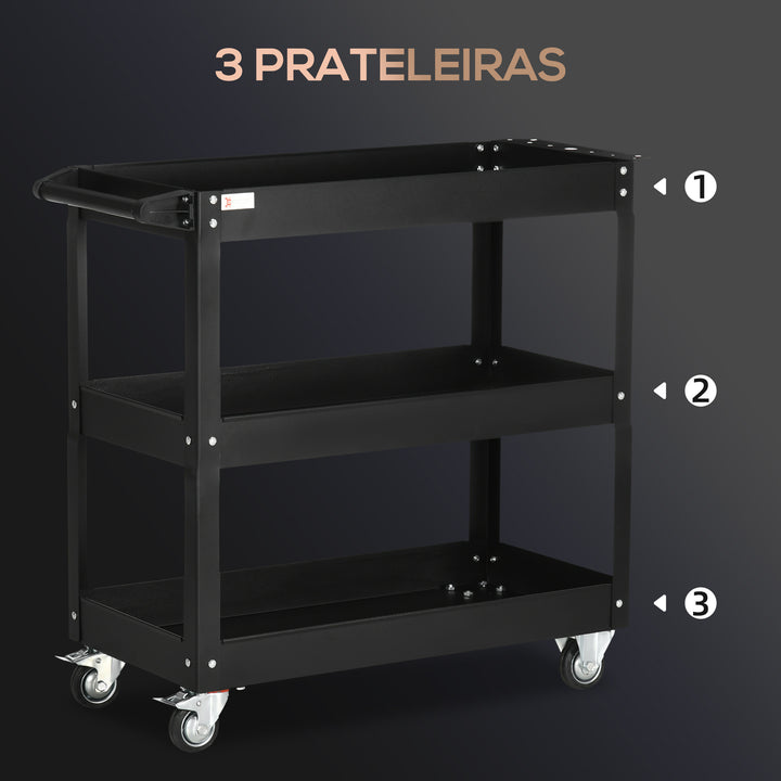 Carrinho de Ferramentas com Rodas Carro de Ferramentas de Oficina de Aço com 3 Prateleiras de Armazenamento e Alça Lateral para Garagem Oficina Carga Máxima 150kg 78,8x35,3x72cm Preto