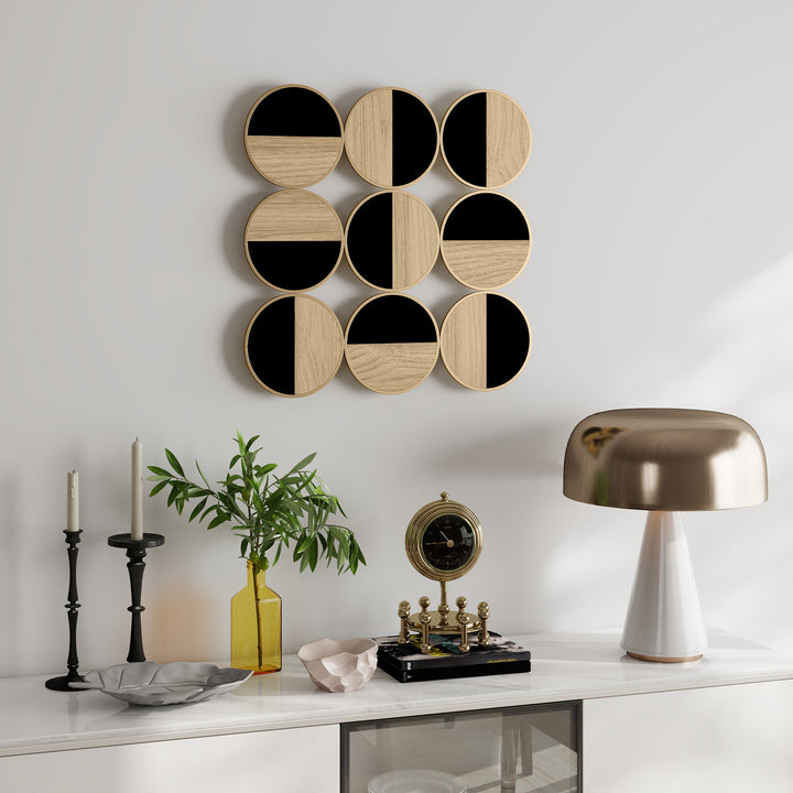 Quadro Decorativo de Parede Geométrico Decoração de Parede Moderno 3D 60x60 cm Quadro de Parede com Espelho de Plástico Estrutura Metálica Preto e Madeira
