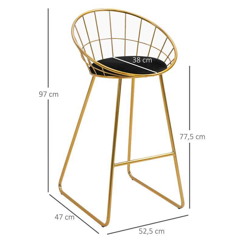 Conjunto de 2 Bancos Altos de Cozinha com Assento em Tecido Bancos de Bar Cadeiras Acapulco com Encosto e Apoio para os Pés para Sala de Jantar 52,5x47x97 cm Dourado