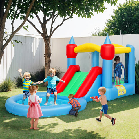 Castelo Insuflável com Insuflador 4 em 1 Castelo Insuflável para Crianças com Escorrega Piscina de Bolas Cesto e Saco de Transporte para Exterior e Interior 415x205x190 cm Multicor
