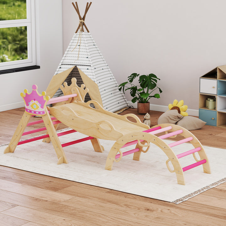 Conjunto de Escalada em Madeira Estrutura Montessori de Escalada Tema de Coroa com Arco e Rampa para Deslizar ou Escalar para Crianças de 18-48 Meses Interior Rosa
