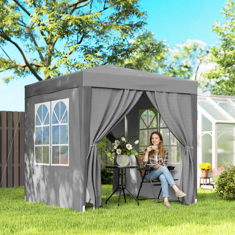 Tenda Dobrável 2x2 m Tenda Pop-up para Jardim com 4 Paredes Laterais 2 Janelas e Saco de Transporte Anti-UV Impermeável Tenda para Festas, Exterior Cinzento