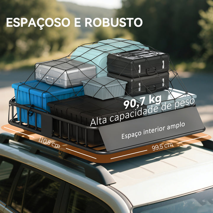 Cesta para Tejadilho Universal para Veículos em Aço Baca Porta-Bagagens Automóvel Carga 90,7 kg com Defletor Barras Laterais para SUVs Pickups Sedans 110,5x99,5x18,5 cm Preto
