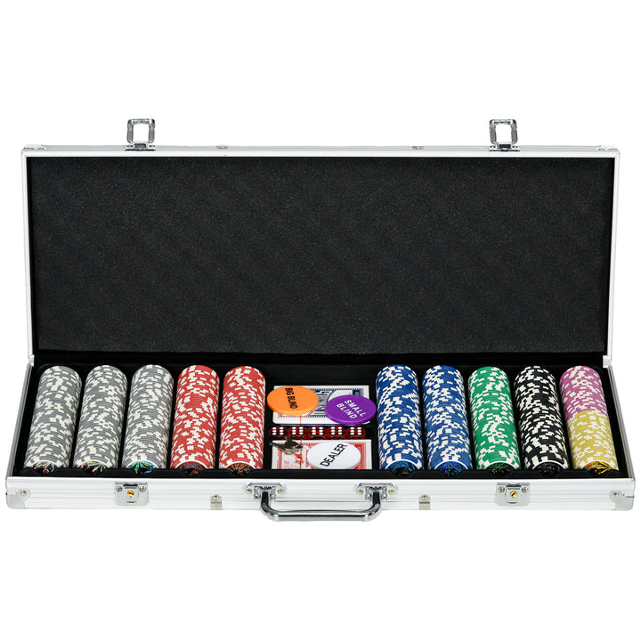 Conjunto de Póquer Profissional Mala de Póquer em Alumínio com 500 Fichas de 11,5 g 2 Baralhos de Cartas 5 Dados Tapete e Botão de Dealer para 9-10 Jogadores com Fechadura Prata