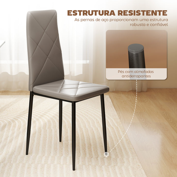 Conjunto de 4 Cadeiras de Sala de Jantar Estofadas em Couro Sintético Cadeiras de Cozinha com Encosto Alto e Pés de Aço Carga Máxima 120kg 41x50x97 cm Cinza
